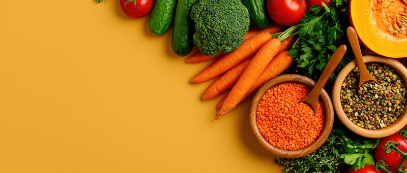 Fresh vegetables and legumes arranged in wooden bowls on a yellow surface with copyspace