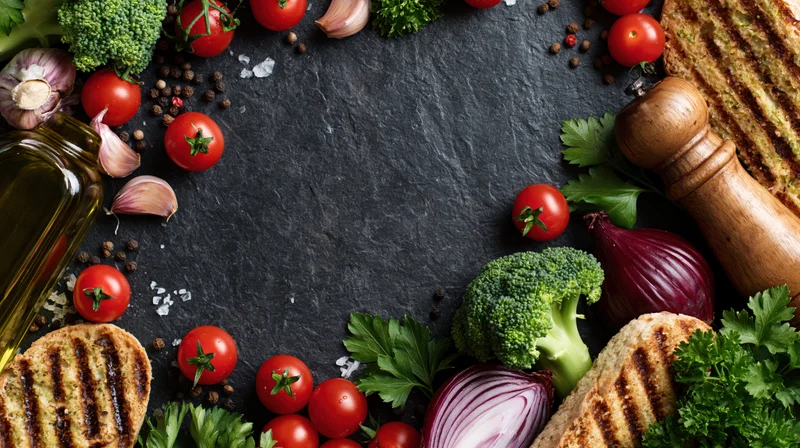 Fresh cooking ingredients arranged in a flat lay on dark slate surface with copyspace in center