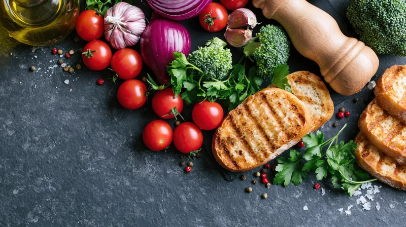 Fresh cooking ingredients arranged on dark slate surface with grilled bread and herbs