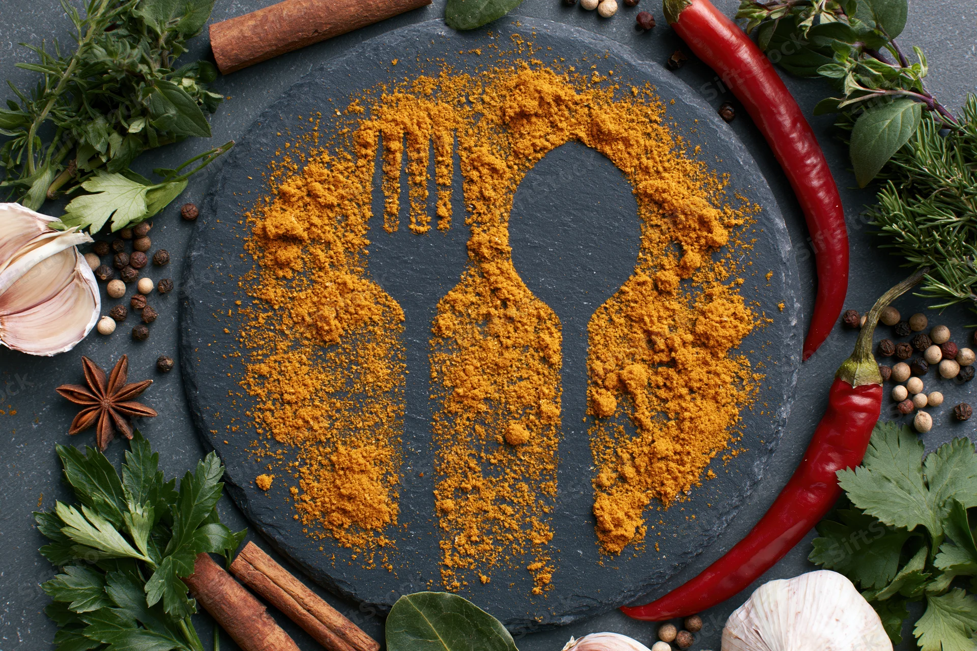 Turmeric powder shaped as fork spoon knife on dark slate surrounded by herbs spices and vegetables