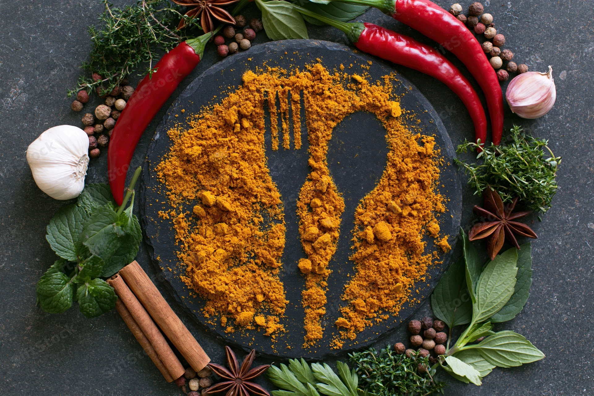 Turmeric spice arranged in cutlery shapes on dark slate plate surrounded by herbs and spices