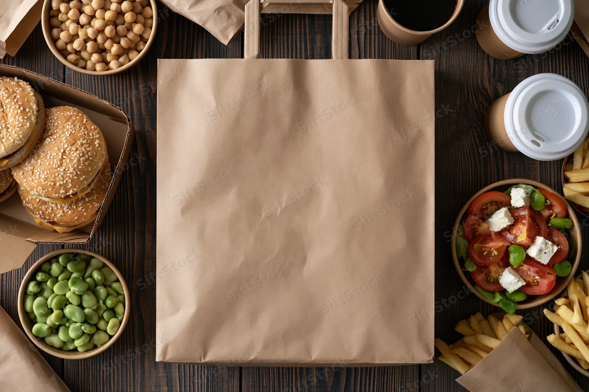 Kraft paper takeout bag centered on dark wood table surrounded by burgers, fries, salad, beans and coffee cups