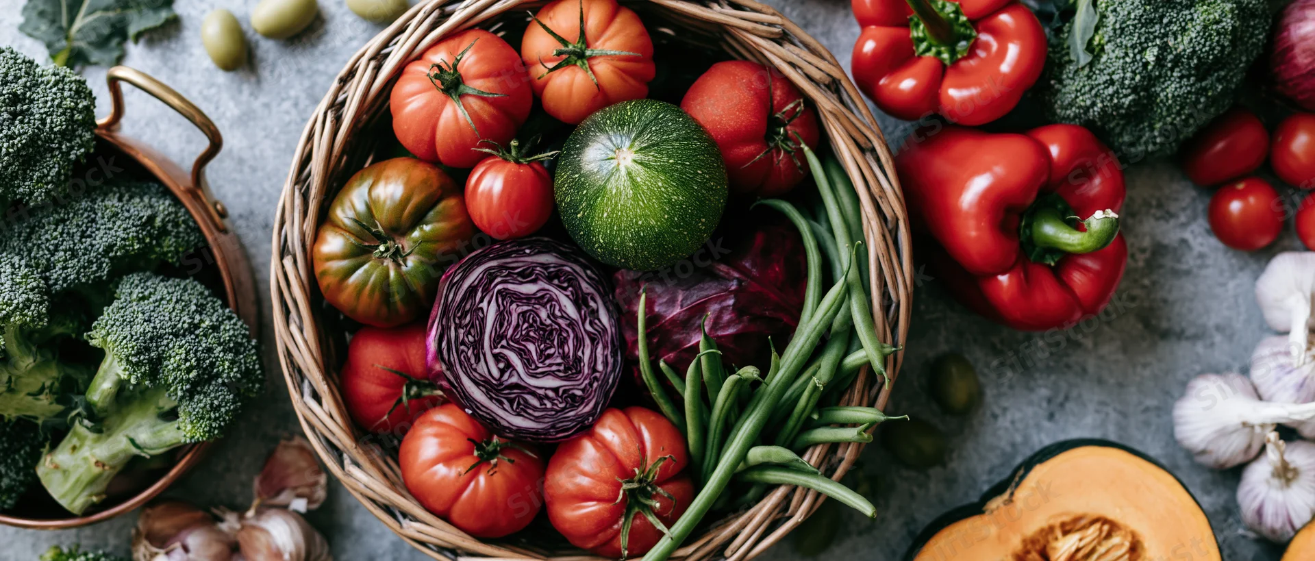 Wicker basket filled with heirloom tomatoes and assorted vegetables arranged on a gray countertop in a flat lay overhead view