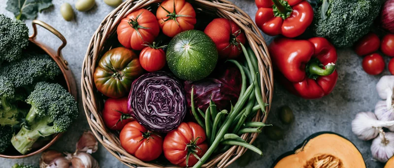 Wicker basket filled with heirloom tomatoes and assorted vegetables arranged on a gray countertop in a flat lay overhead view