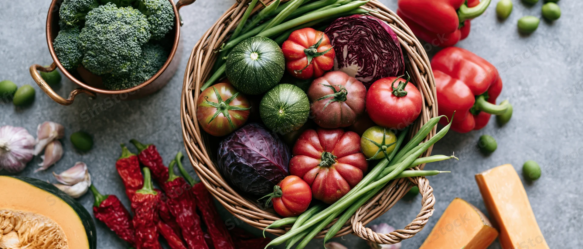 Wicker basket filled with heirloom tomatoes and assorted vegetables arranged on a gray surface