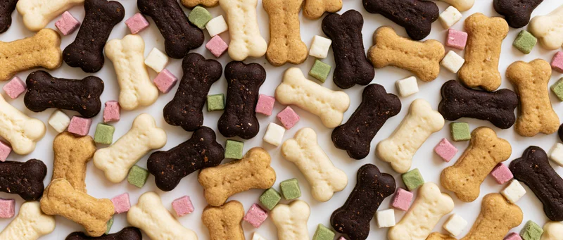 Assorted dog bone-shaped biscuits and small square treats arranged in flat lay on white surface