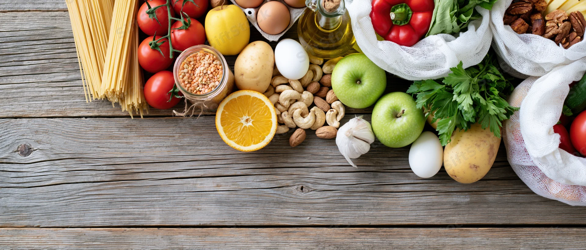 Assorted fresh grocery ingredients arranged on a rustic wooden table with copyspace below