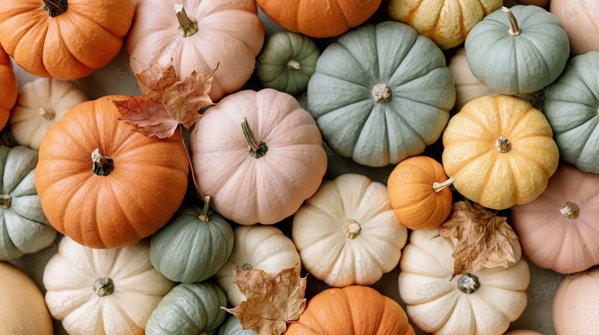 Assorted pumpkins and gourds arranged in a flat lay with dried leaves on a neutral surface