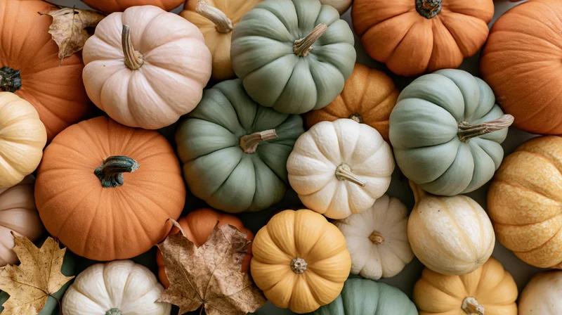 Assorted pumpkins and gourds arranged in a flat lay with dried leaves on a dark surface