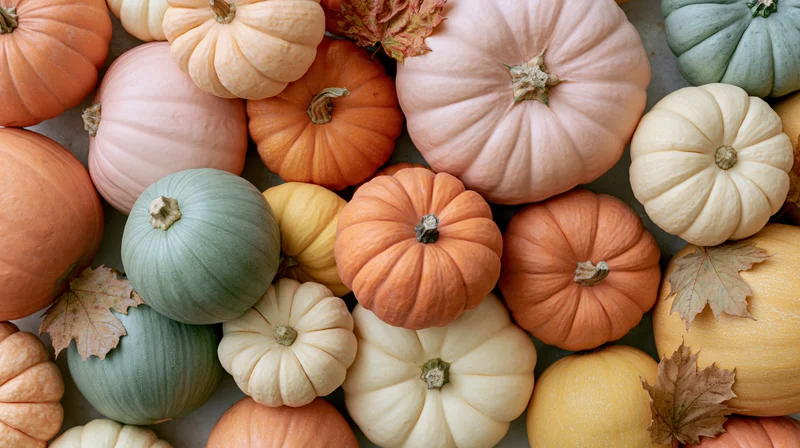 Assorted pumpkins and gourds arranged in a flat lay overhead view with autumn leaves