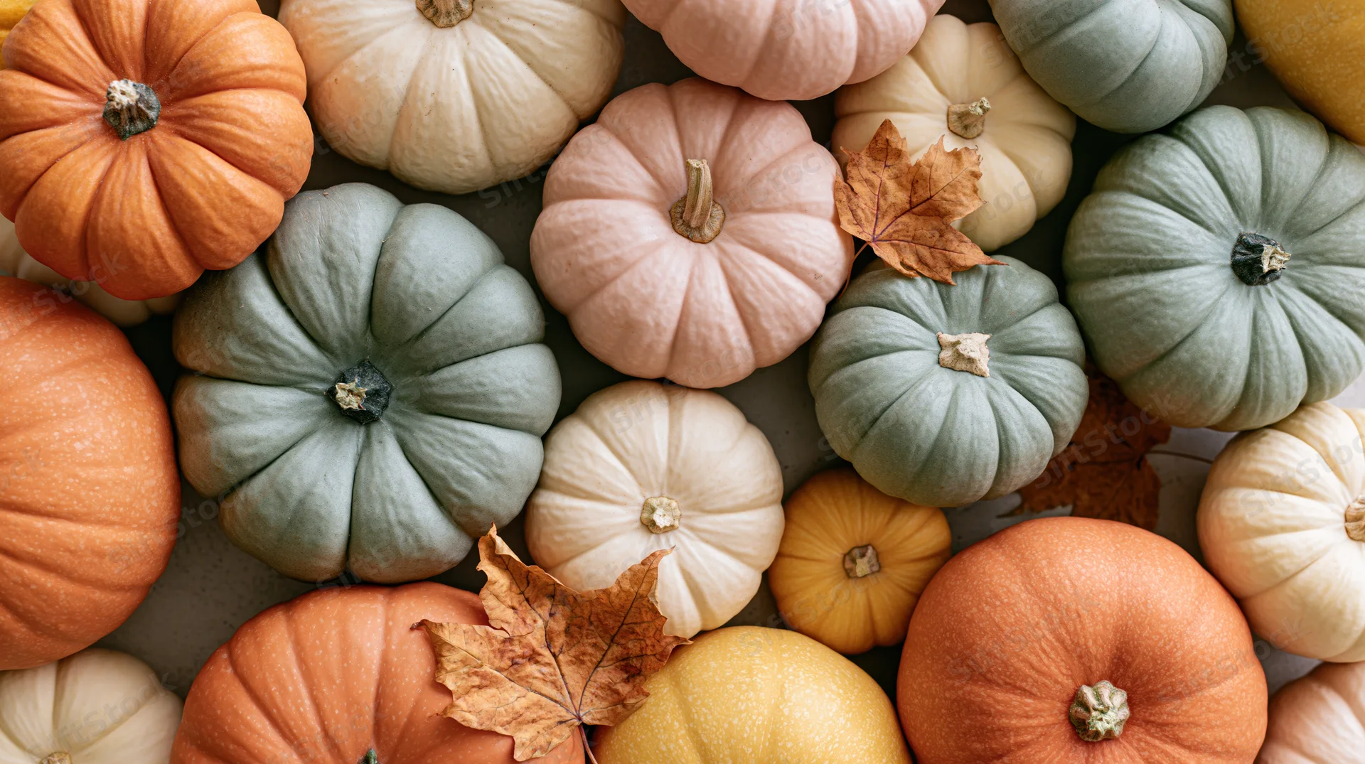 Assorted pumpkins and gourds arranged in a flat lay with dried leaves on a neutral surface