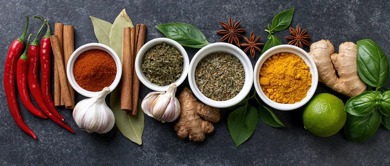 Assorted spices and fresh herbs arranged in a flat lay on dark surface