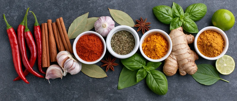 Assorted spices and fresh herbs arranged in a flat lay on a dark stone surface