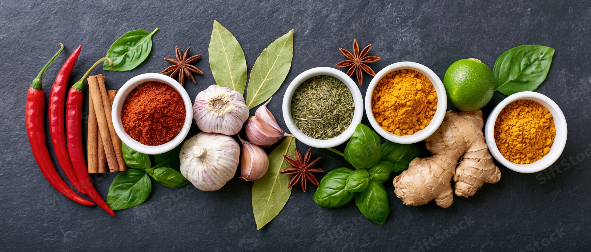 Assorted spices and fresh herbs arranged in a row on dark slate surface