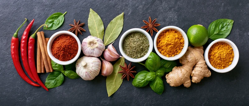 Assorted spices and fresh herbs arranged in a row on dark slate surface