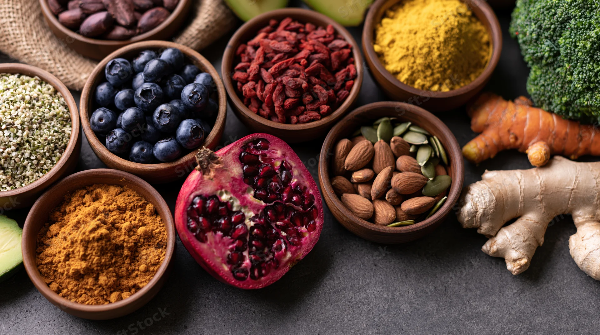 Assorted superfoods in wooden bowls and whole produce arranged on dark concrete surface