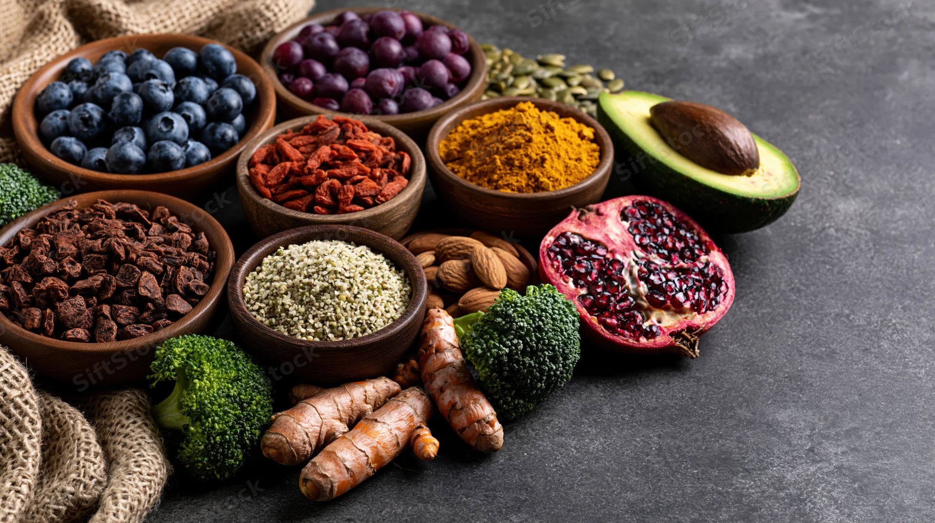 Assorted superfoods arranged in wooden bowls and on dark concrete surface