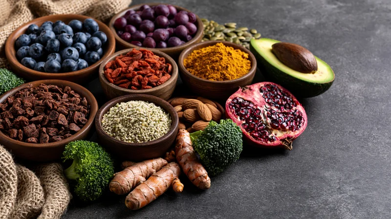 Assorted superfoods arranged in wooden bowls and on dark concrete surface