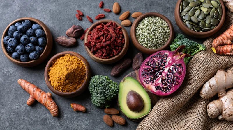Assorted superfoods arranged in wooden bowls and scattered on dark concrete surface