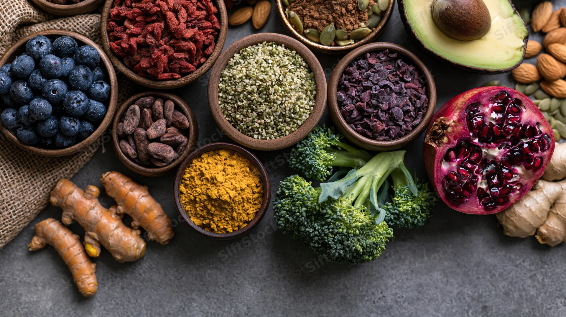 Assorted superfoods arranged in wooden bowls and on dark surface in flat lay view