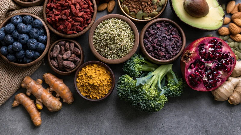 Assorted superfoods arranged in wooden bowls and on dark surface in flat lay view