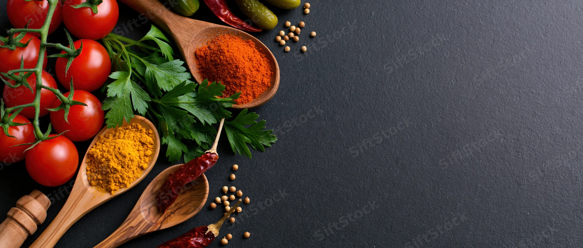 Cherry tomatoes on vine with wooden spoons holding spices and herbs arranged on dark surface