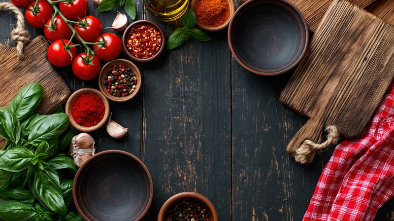 Cooking ingredients arranged around central empty space on dark wooden table