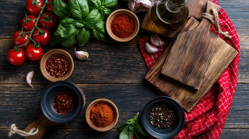 Cooking ingredients arranged on dark wood surface with cutting boards and red cloth