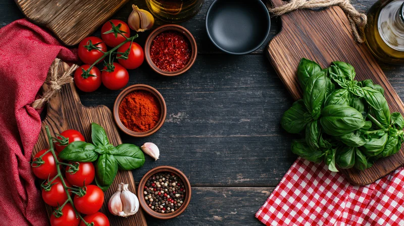 Fresh cooking ingredients arranged on wooden boards and cloth with central copyspace