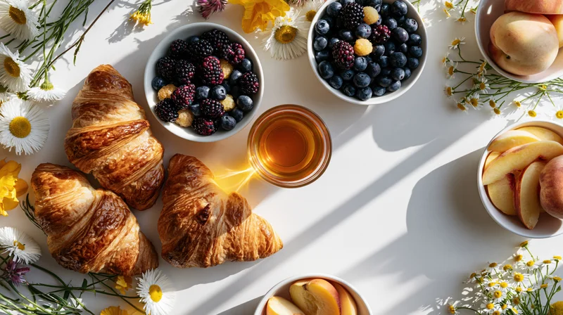 Croissants, mixed berries, peach slices, and amber tea arranged with daisies on a white table in sunlight