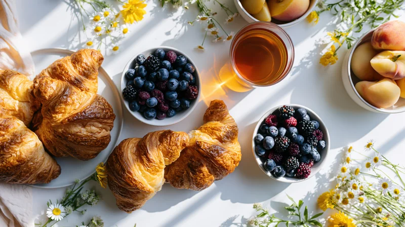 Croissants and mixed berries with tea arranged on a white table with flowers and sunlight