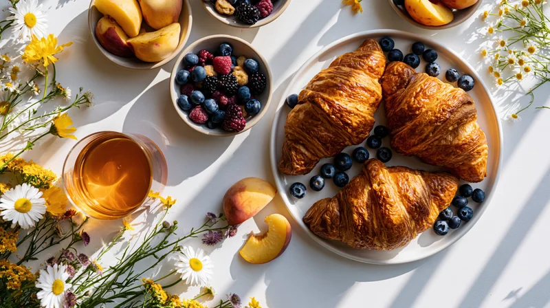 Croissants with mixed berries and peach slices on a white plate surrounded by wildflowers and a glass of amber tea in a flat lay arrangement