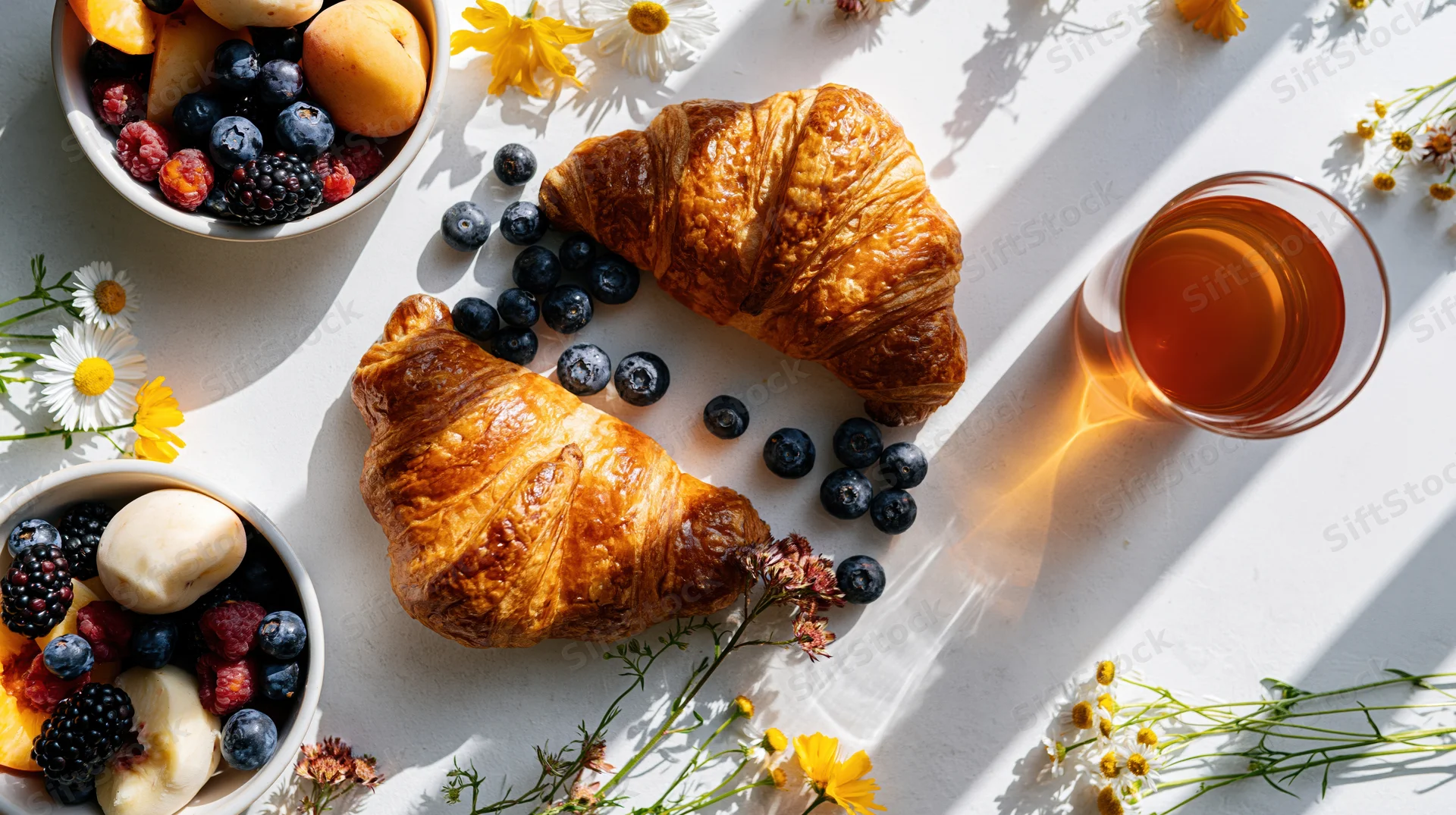 Two golden croissants with mixed berries and a glass of amber tea arranged on a white surface with wildflowers and sunlight casting shadows
