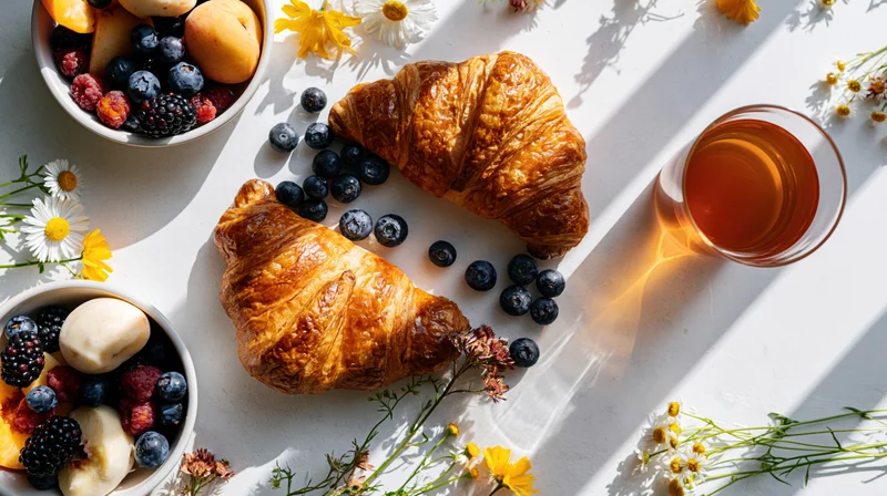Two golden croissants with mixed berries and a glass of amber tea arranged on a white surface with wildflowers and sunlight casting shadows
