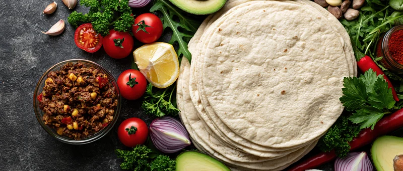 Stack of flour tortillas surrounded by fresh vegetables and cooked filling on dark textured surface