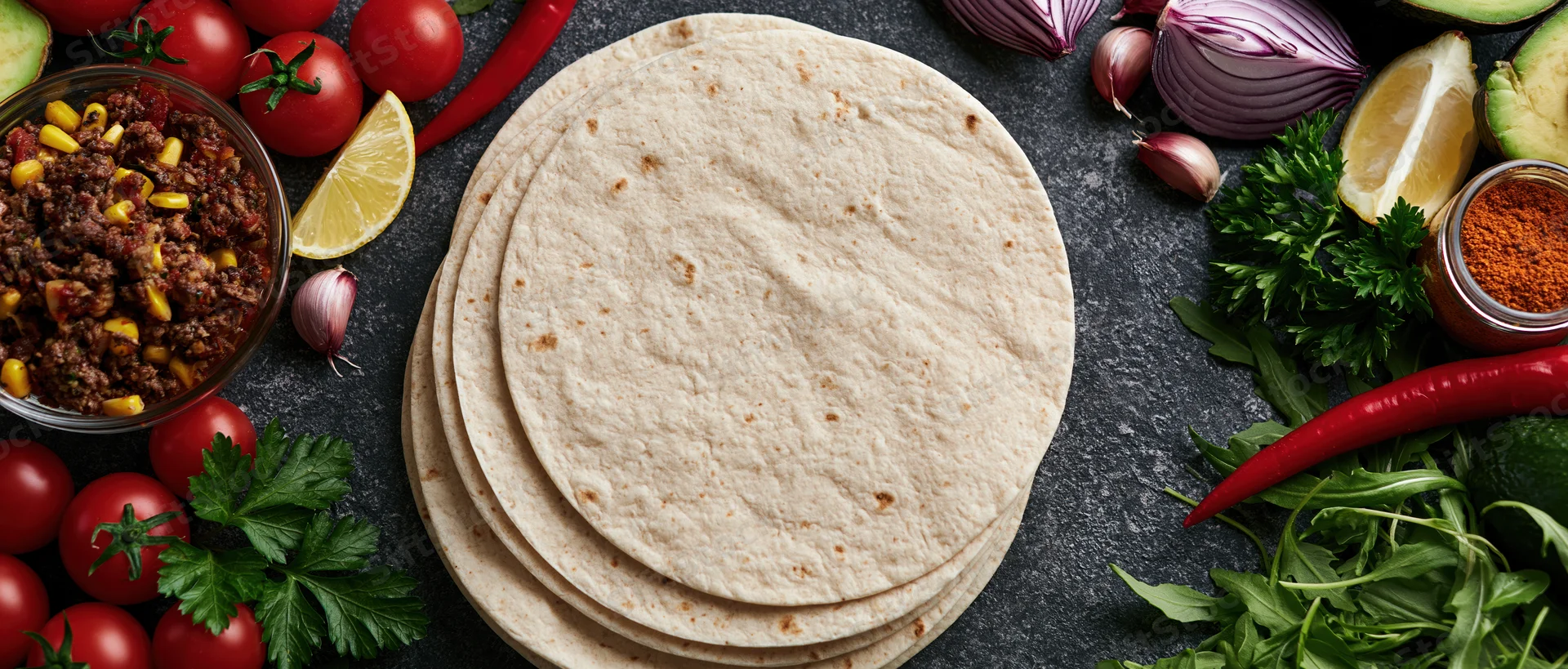 Stack of flour tortillas surrounded by fresh vegetables and spices on dark textured surface