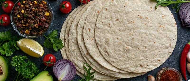 Stack of flour tortillas surrounded by fresh ingredients on dark textured surface