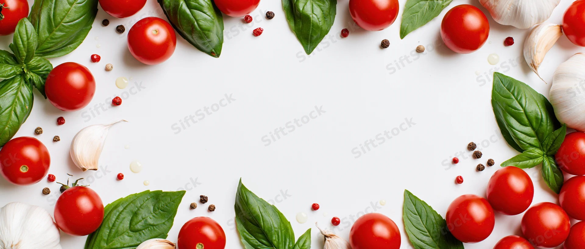 Cherry tomatoes, garlic bulbs and basil leaves arranged in a border around a white surface with copyspace