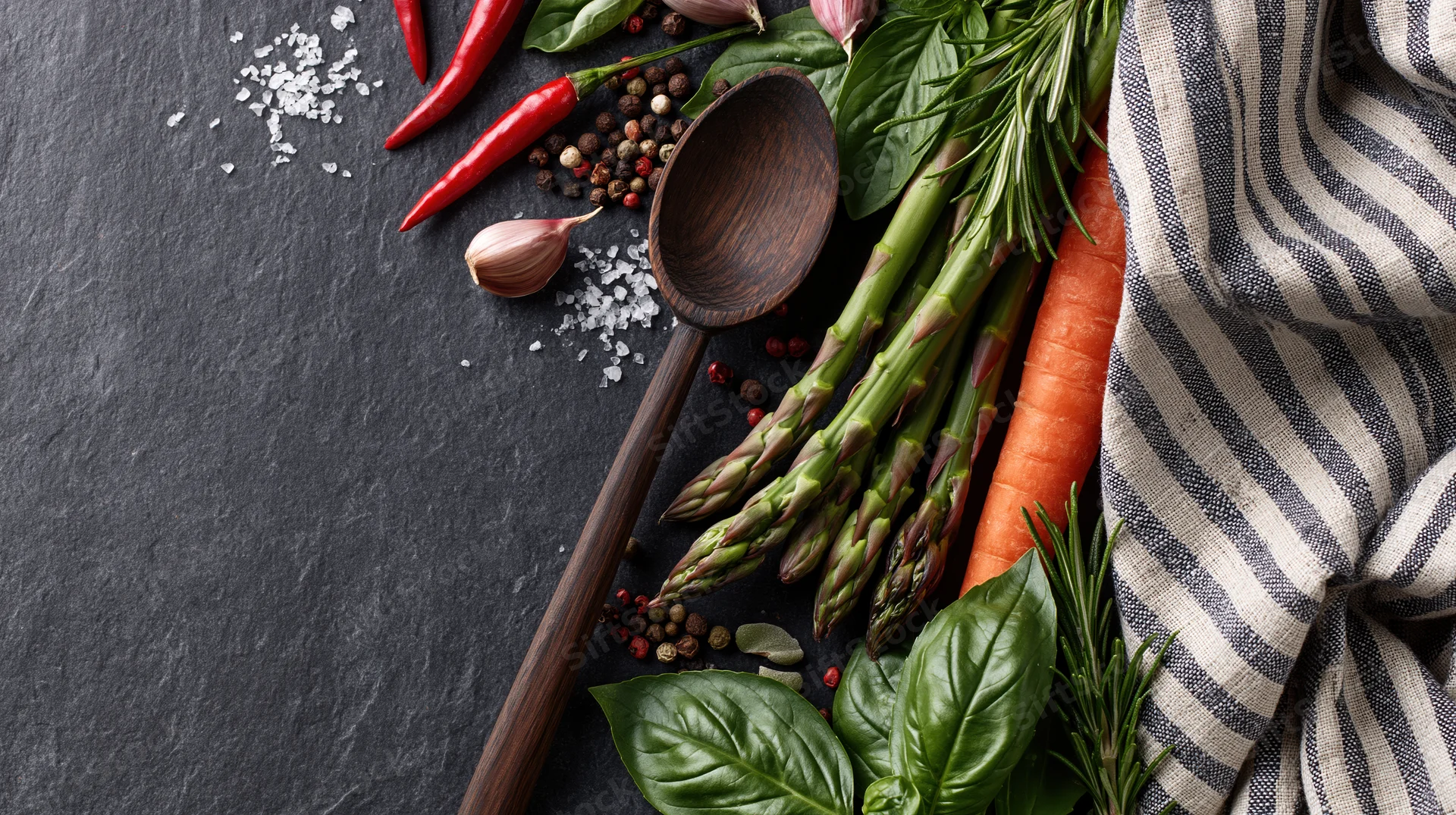 Fresh vegetables and herbs with a dark wooden spoon arranged on slate surface