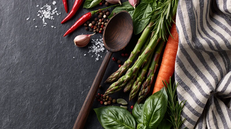 Fresh vegetables and herbs with a dark wooden spoon arranged on slate surface