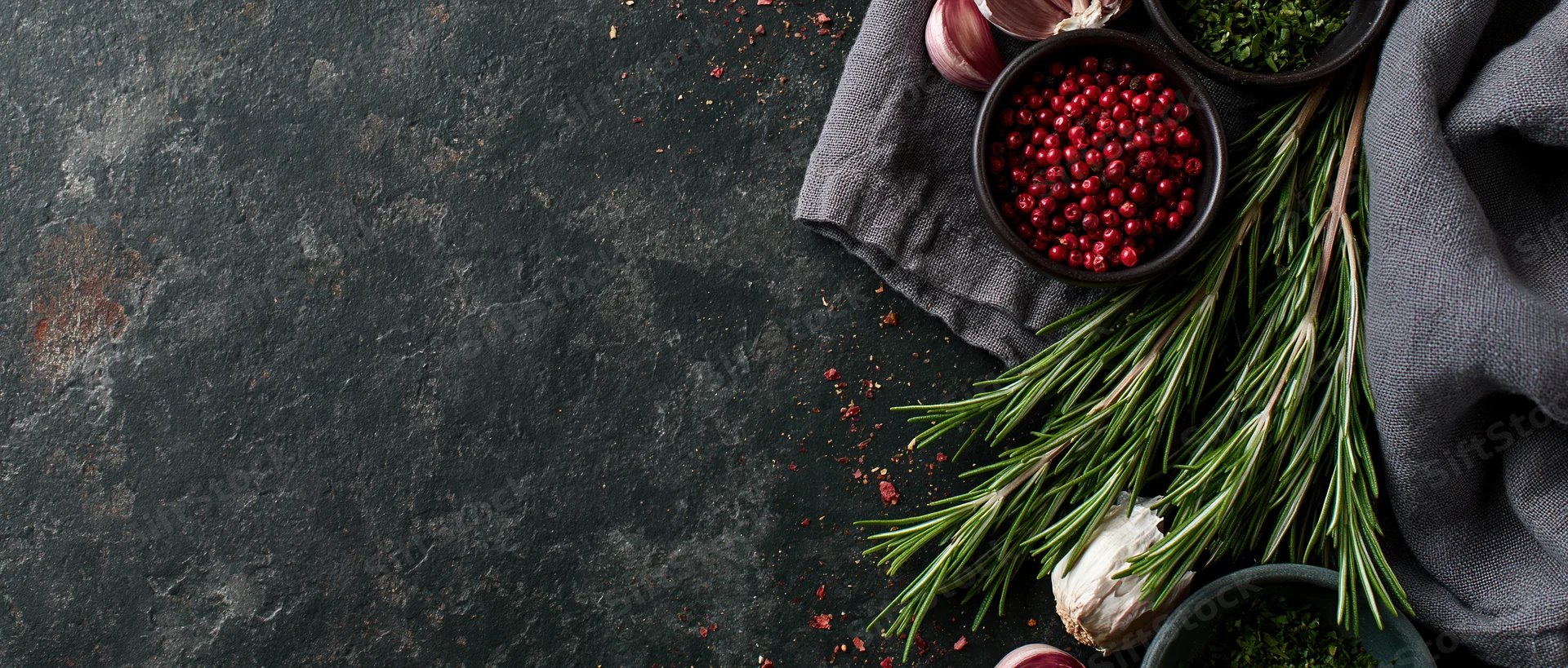 Fresh rosemary sprigs and bowls of red peppercorns and garlic arranged on dark textured surface with gray cloth and copyspace