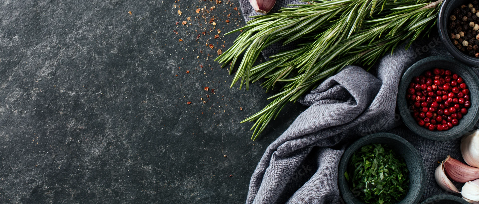 Fresh rosemary sprigs and small dark bowls of spices arranged on dark stone surface with linen cloth and garlic cloves