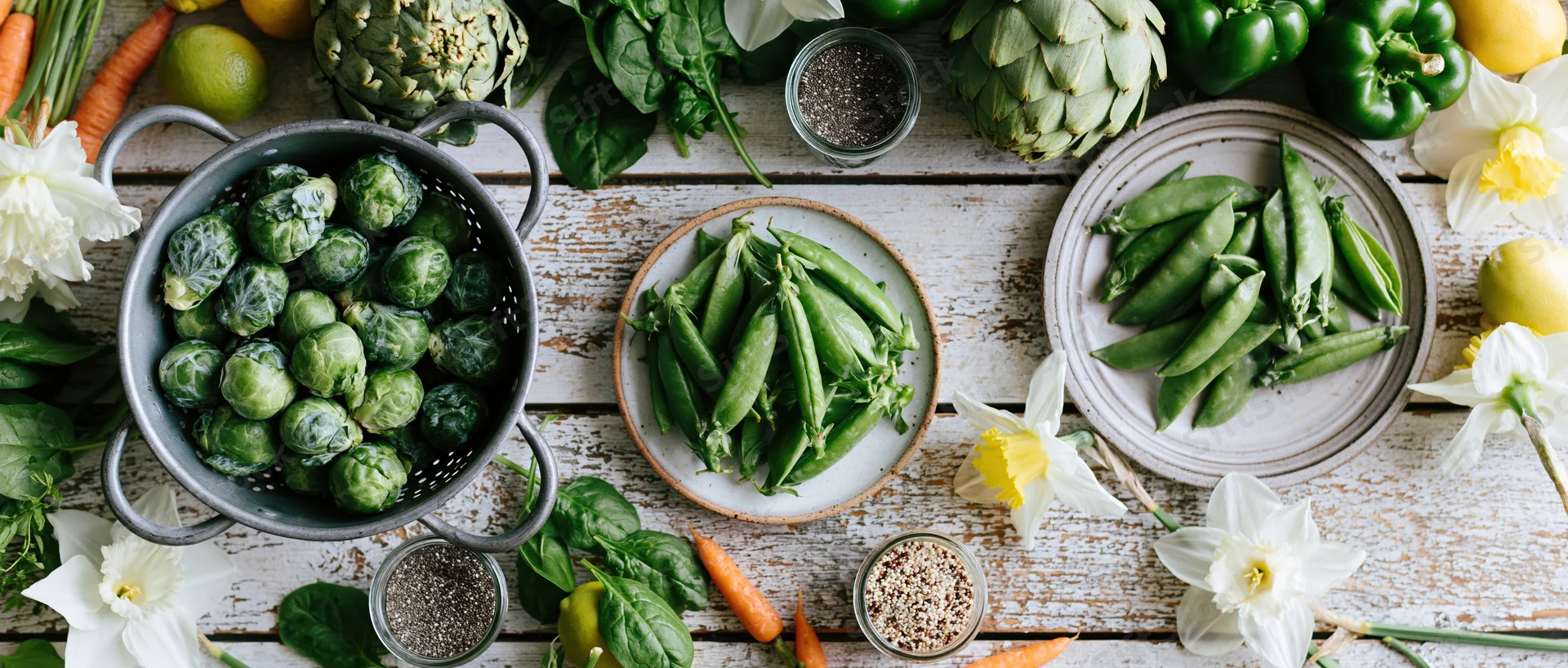 Fresh spring vegetables arranged in bowls and plates on a whitewashed wooden table with daffodils and herbs