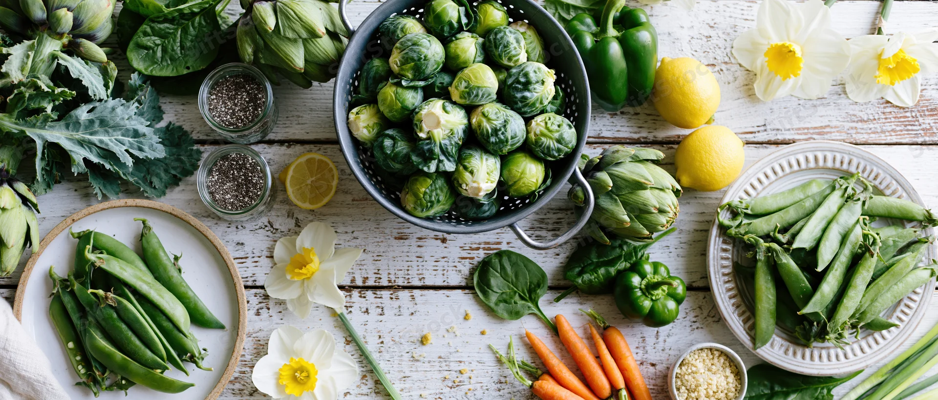 Fresh spring vegetables arranged in a flat lay on a whitewashed wooden table with daffodils and kitchenware