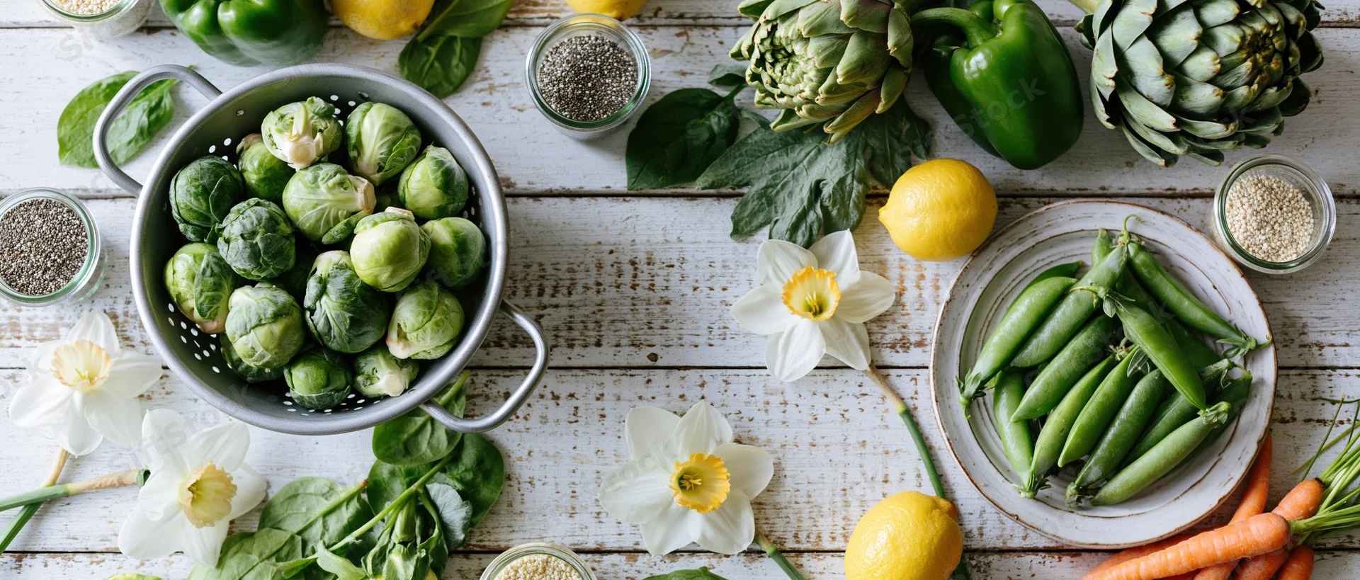 Fresh spring vegetables arranged in a flat lay on a whitewashed wooden table with daffodils and herbs