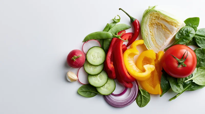 Fresh summer vegetables arranged in a flat lay on a white surface with copyspace