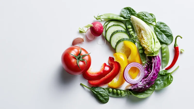 Fresh summer vegetables arranged in a circular flat lay on a clean white surface with copyspace