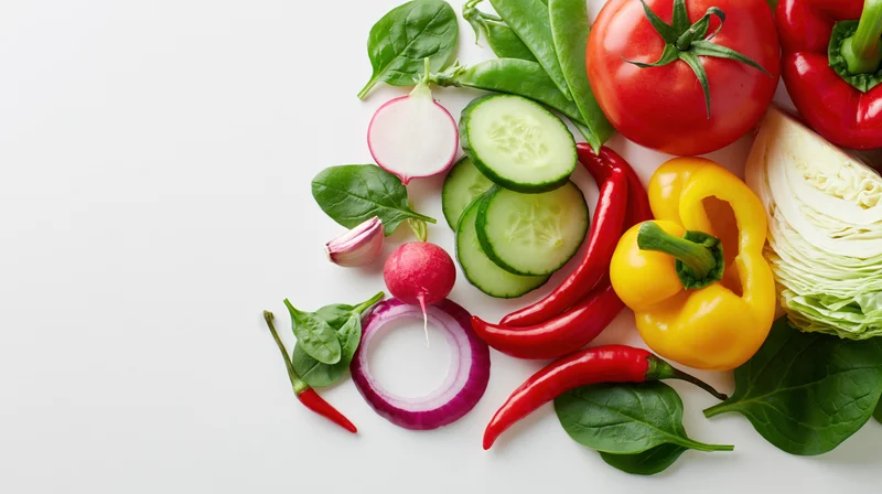 Fresh summer vegetables arranged in a flat lay on a white surface with copyspace
