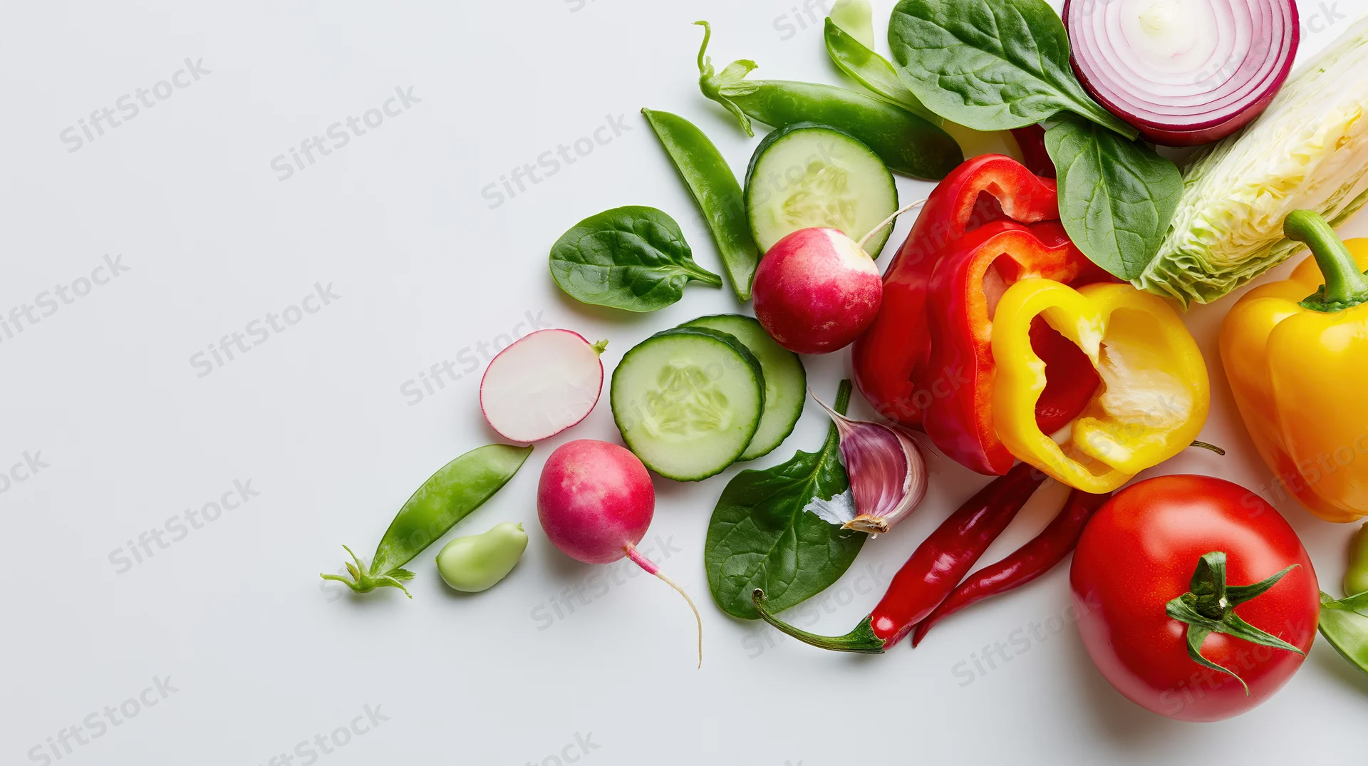 Fresh summer vegetables arranged in flat lay on white surface with copyspace
