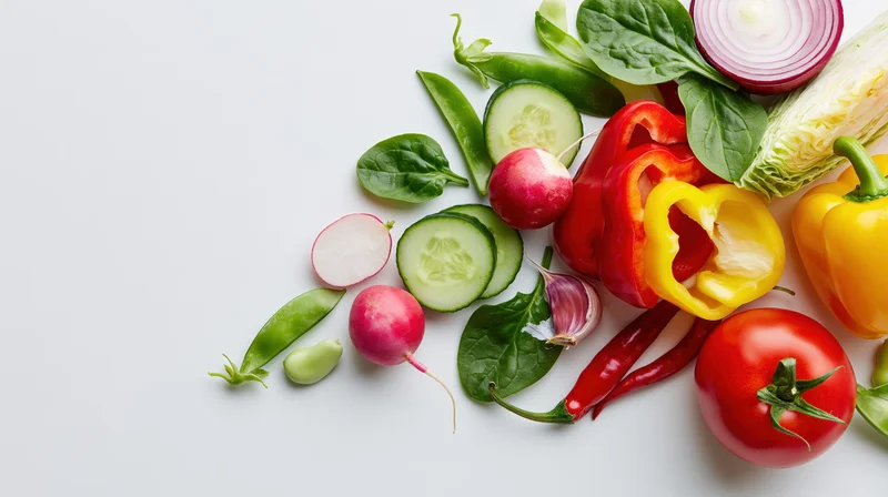 Fresh summer vegetables arranged in flat lay on white surface with copyspace